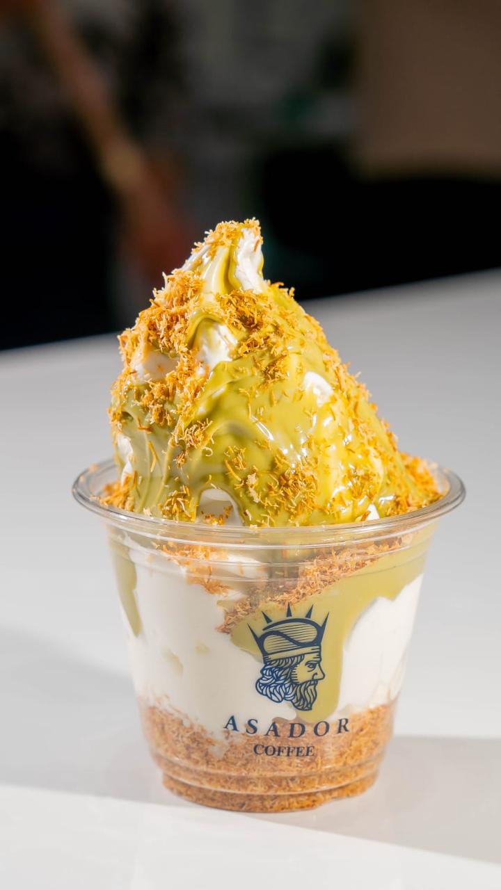 Pistachio baklava soft ice cream with crushed nuts
